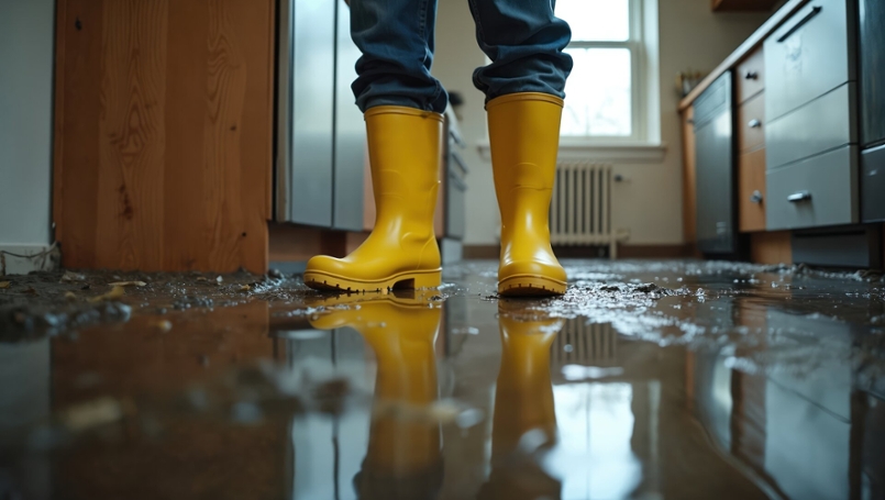 Eine Person mit gelben Gummistiefeln steht in einem überschwemmten Raum. Auf dem Boden ist Schlamm und Dreck zu sehen. Der Bildausschnitt reicht vom Boden bis zu den Knien der Person.