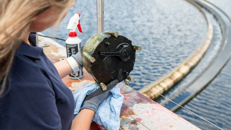 Eine Mitarbeiterin der StEB Köln bei der Reinigung einer Schlammspiegelmessung an einem Nachklärbecken.