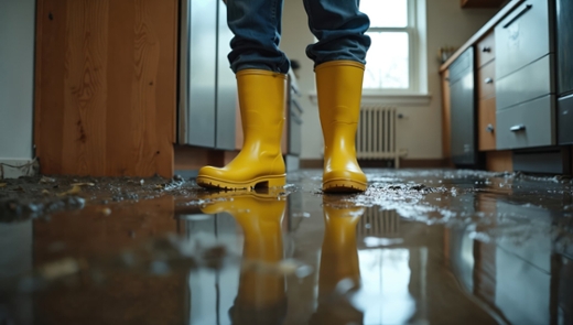 Eine Person mit gelben Gummistiefeln steht in einem überschwemmten Raum. Auf dem Boden ist Schlamm und Dreck zu sehen. Der Bildausschnitt reicht vom Boden bis zu den Knien der Person.