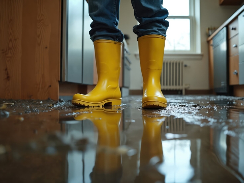 Eine Person mit gelben Gummistiefeln steht in einem überschwemmten Raum. Auf dem Boden ist Schlamm und Dreck zu sehen. Der Bildausschnitt reicht vom Boden bis zu den Knien der Person.