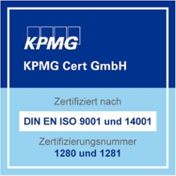 Zertifikat KPMG Cert GmbH mit Aufschrift ‚Zertifiziert nach DIN EN ISO 9001 und 14001, Zertifizierungsnummer 1280 und 1281‘ auf dunkel- und hellblauem Hintergrund