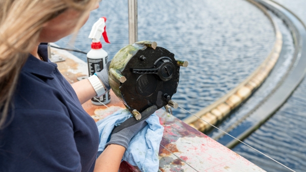 Eine Mitarbeiterin der StEB Köln bei der Reinigung einer Schlammspiegelmessung an einem Nachklärbecken.
